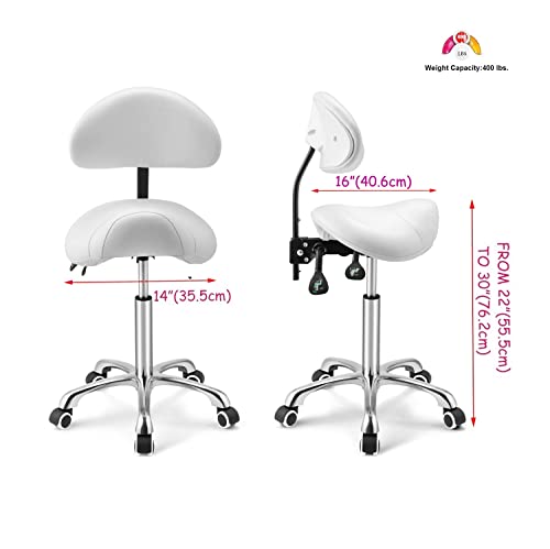Kaleurrier Saddle Stool with Back Rest,Rolling Saddle Chair for Salon - color: White, style: With Back