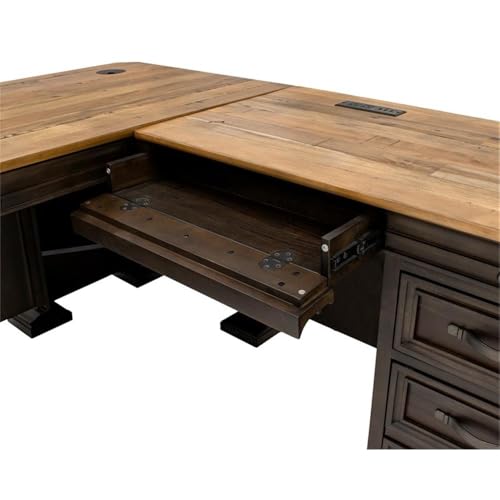 Bowery Hill Executive L-Desk & Return, 68 x 72 x 30 in, Solid Wood Plank Top, Brown Finish, Two-Tone Design, Antique Bronze Hardware, Dropfront Drawer, AC/USB Power Center, Fully Assembled Office Desk