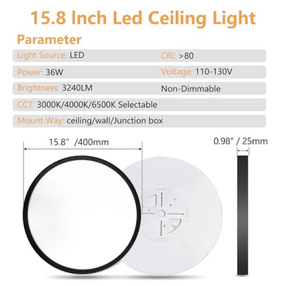 6PK 15.8 Inch Led Ceiling Light Flush Mount, 34W, 3060LM, 3000K/4000K/6000K CCT Selectable Super Slim LED Ceiling Light, Close to Ceiling Round Flat Panel Light for Hallway, Bedroom,Kitchen ect - color: Black