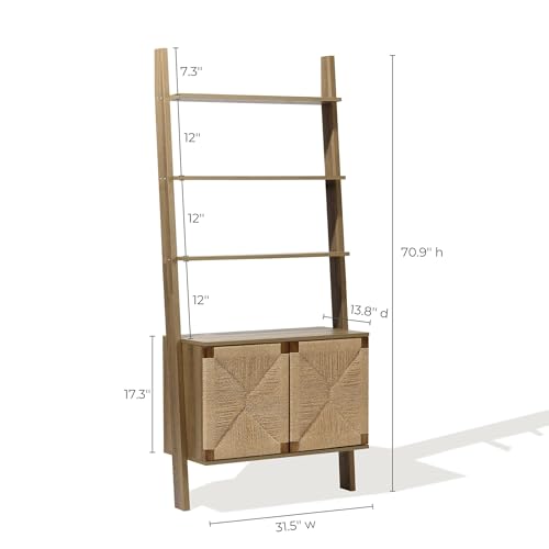 LuxenHome 71" Tall Ladder Bookshelf with Cabinet and 4-Tier Shelves, Oak