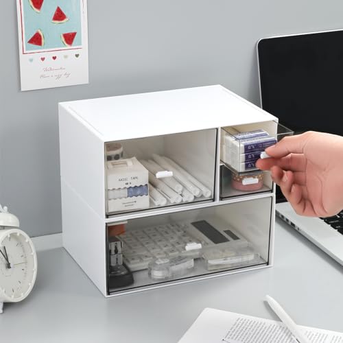 MILULUGO Desk Organizer with 4 Drawers, Makeup Organizer, Desktop Storage Box, Cosmetics Storage Box for nail polish, Lipstick, Brushes, Jewelry, Skincare, Bathroom Organization Boxes(White)