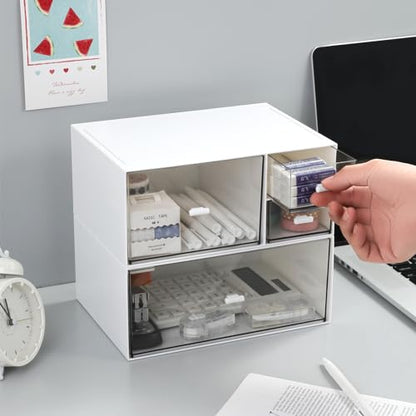 MILULUGO Desk Organizer with 4 Drawers, Makeup Organizer, Desktop Storage Box, Cosmetics Storage Box for nail polish, Lipstick, Brushes, Jewelry, Skincare, Bathroom Organization Boxes(White)