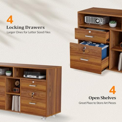 VINGLI Wide 4 Drawer Lockable Rolling File Cabinet with Open Shelves - Walnut Wood Lateral File Cabinet Printer Stand for Home Office, Letter Sized - color: Walnut