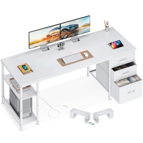 AODK 63 Inch Computer Desk with Drawers & USB Power Outlets - color: White, size: 63 Inch