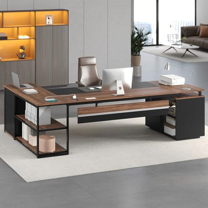 78" Executive Desk with Lockable File Cabinet, L Shaped Office Desk with Power Outlets, Large Executive Desk with Drawers and Storage Shelves , Reversible Computer Desk with Privacy Screen, Walnut - color: Walnut