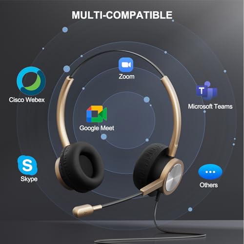 Wired Gold USB Headset with Noise-Canceling Microphone for PC, Lightweight Office USB Headphones for Call Center Office Remote Work, for Teams Zoom 3CX WebEx Calls, E-Learning & Dictation