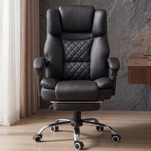 GTPLAYER Executive Office Chair Big and Tall Leather Gaming Chair with Pocket Spring Cushion & Ergonomic Lumbar Support for Lower Back Pain Relief, Comfy Desk Chair with Footrest, Matte-Black - color: Matte-black, Leather