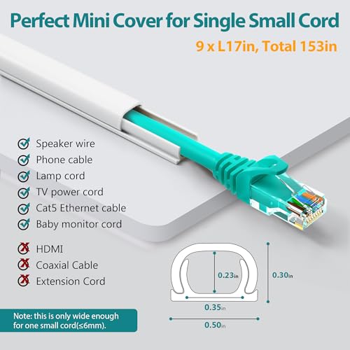One Cord Cover Wall 153in(9X L17in), Mini Wire Hider, Self-Adhesive Wire Cover for Hiding Speaker Wire, Baby Monitor Cord - Paintable Wire Channel for Cable Concealer, W0.5in H0.3in, CMR05 White - color: White, size: W0.5in X H0.3in X L153in
