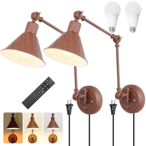TRLIFE Dimmable Wall Sconce, Remote Control Plug in Wall Sconce Dimming 10%-100% and Adjustable Color Temperature 2700K-6000K, Swing Arm Wall Lights with Plug in Cord, UL Listed(2 Pack, Walnut Color) - color: Walnut color, size: 2 Pack- (Remote+Bulbs)