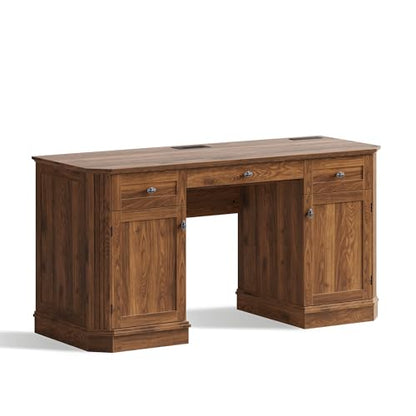 59" Classic Executive Desk with Storage, Victorian Executive Desk with Charging Station, Keyboard Tray, 3 Drawers & 2 Cabinet Storage & 2 Pedestals, Easy Assembly, Dark Walnut - color: Dark Walnut
