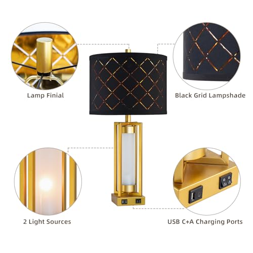 Set of 2 Modern Table Lamps for Living Room Bedroom with USB C+A | Rustic Nightstand Lamps with White Night Light, Black Grid Shade, Desk Lamps for Bedside End Tables, 4 Bulbs Included (Gold) - color: Gold