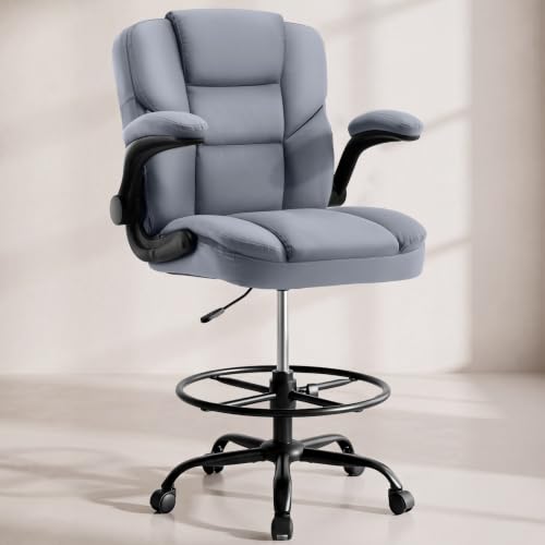Drafting Chair 500Lbs, Tall Office Chair for Standing Desk, High PU Leather Executive Office Chair with Flip-up Armrests, Ergonomic High Chair with Adjustable Foot Ring, Comfy Stool Chairs, Grey - color: Grey