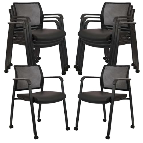 CLATINA Stacking Office Chair with Wheels, Mesh Back Waiting Room Guest Chairs with Arms Comfortable Leather Cushion Stackable Desk Chair for Conference Reception School Side Stationary, Black, 8 PK - color: Withwheels Black Leather, size: 8 pack