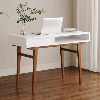 White Computer Desk with Drawers - 45 inch Minimalist Small Solid Wood Mid-Century Modern Office Desk for Home - Boho Style Writing Table with Open Storage,Light Wooden Desk Workspace