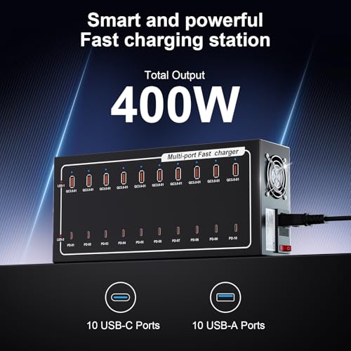 20-Port Fast Charging Station 400W, USB C and USB A Charger Dock with Smart Power Distribution Technology，for Multiple Devices, PD/QC Fast Charging Support