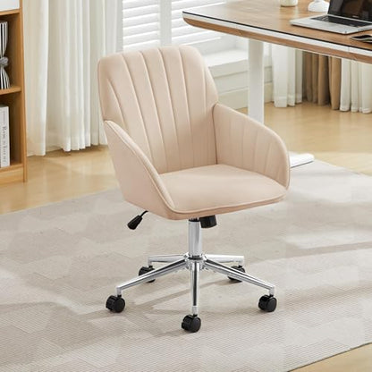 YITAI Velvet Office Desk Armchairs with Silver Base and Wheels,Modern Height Adjustable 360 Degree Swivel Upholstered Vanity Chairs for Living/Room Bedroom/Study,Khaki - color: Silver Khaki