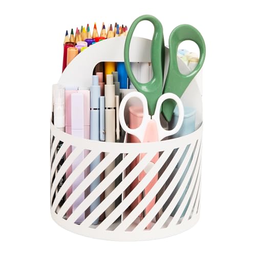Mind Reader Round Metal Desktop Carousel Organizer with Handle, Four Compartments, Office Supplies and Accessories, Metal, White - color: White Carousel Organizer