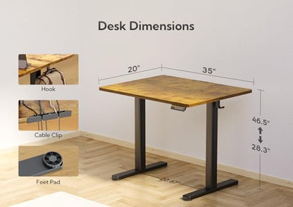 Claiks Electric Height Adjustable Standing Desk, 35x20 Inch, Rustic Brown | Smooth Height Adjustment, 3 Memory Presets, Cable Management Hub&Hook, Stable Steel Frame, 176lbs Capacity, Easy Assembly - color: Rustic Brown, size: 35