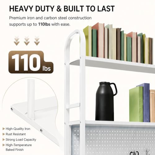 Desktop Hutch Bookshelf, 2-Tier Metal Desk Shelf Bookcase, Countertop Storage Organizer, Multipurpose Display Rack with Pegboard Hooks Screwdriver Set for Dorm Office Home (White, 29.53")