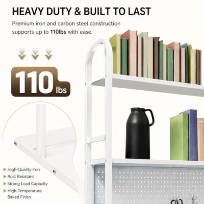Desktop Hutch Bookshelf, 2-Tier Metal Desk Shelf Bookcase, Countertop Storage Organizer, Multipurpose Display Rack with Pegboard Hooks Screwdriver Set for Dorm Office Home (White, 29.53")