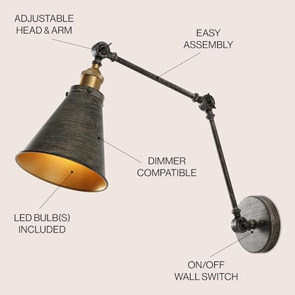 JONATHAN Y Rover 1-Light Wall Sconce 7", Rustic Dark Gray | Adjustable Arm, Hardwired Bedside Reading Swing Arm, Farmhouse Cone Shade, Metal Hardwired Indoor Fixture, LED Bulbs Included - color: Rustic Dark Gray/Brass Gold, size: Set of 1