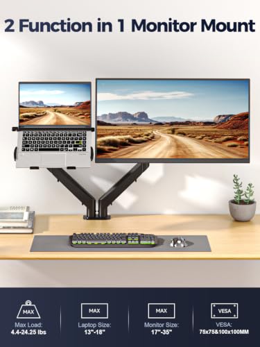 Suptek Monitor Laptop Mount Stand, 2 in 1 Function Dual Monitor Arms Desk Mount for 13"-18" Notebook and 17"-35" Monitor with Laptop Tray,Holds up to 24.25lbs - style: Laptop Monitor Mount