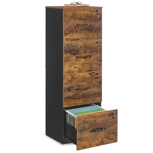 VASAGLE CUSTOS Collection 4-Drawer Vertical File Cabinet for Home Office, Printer Stand, with 4 Lockable Drawers, Adjustable Hanging Rail, for A4 and Letter-Size Files, Rustic Brown OFC082K02V1 - color: Rustic Brown + Black, size: 4 Drawers With Lock