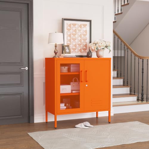 Lockable Metal Storage Cabinet Locker, Multifunctional Versatile Storage Lockers with Adjustable Shelves and Mesh Door, Durable Metal Sideboard Furniture for Restaurant Home Office Orange - color: Orange, style: 33"H-Locker-WT