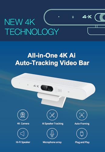 Conference Room Camera, All-in-One 4K Webcam with Microphone and Speaker, AI Tracking and Auto Framing, Wide Angle of View, Plug and Play USB Webcam for PC, Mac, Meetings, Teams, Zoom & Webex (White) - color: White