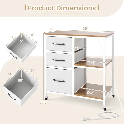 GOFLAME 3 Drawer Mobile File Cabinet with Charging Station, Rolling Printer Stand with Open Storage Shelves, Wooden Storage Cabinet on Wheels for Home Office (Natural and White) - color: Natural and White