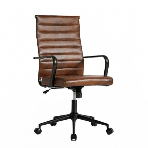 Okeysen Genuine Leather Office Desk Chair, Mid-Century Modern Real Leather Conference Room Chairs, Ergonomic Executive Ribbed Height Adjustable Swivel Rolling Chair for Home Office. - color: Genuine Brown