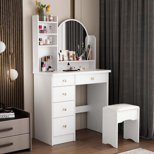 ECACAD Vanity Desk Set with Round Mirror, Makeup Dressing Table with 5 Drawers, Storage Shelves & Cushioned Stool for Bedroom, White - style: White-Without Light