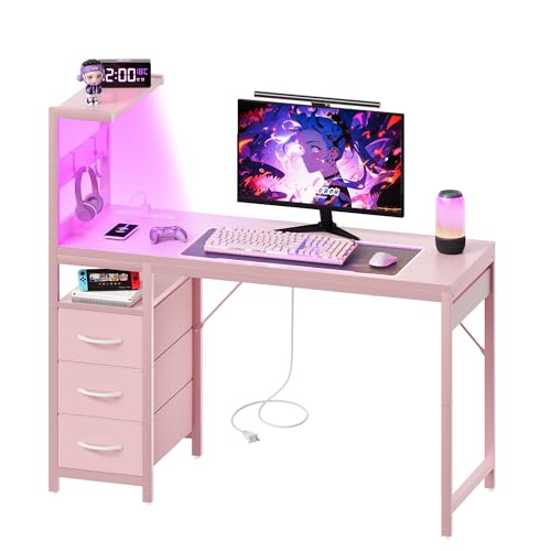 40 Inch Small Gaming Computer Desk with Led Lights & Storage Shelf, Pink | Reversible, Power Outlets, 3 Drawers, Carbon Fiber, PC Desk, Mesa Gamer, Compact Desk for Small Space, Bedroom, Home Office - color: Pink, size: 40 Inch