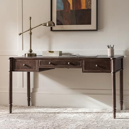 HULALA HOME 60 Inches Fluted Writing Desk with Charging Station, Walnut - color: Walnut