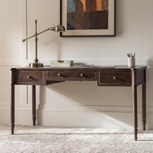 HULALA HOME 60 Inches Fluted Writing Desk with Charging Station, Walnut - color: Walnut