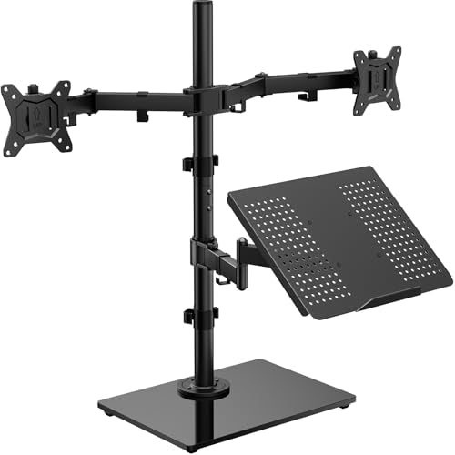 HUANUO Dual Monitor Stand with Laptop Desk Mount, Freestanding Glass Base | Fits 13-32 Inch Screens, Up to 17 Inch Laptop, 22 lbs/Monitor Arm, 19.8 lbs/Tray Arm, 2 Setup Options, VESA 75x75/100x100mm