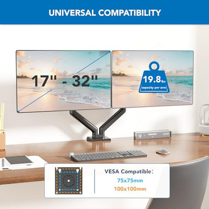 Mount-It! Dual Monitor Mount, 17-32", 19.8 lbs Each | Full motion spring arms with tilt/swivel/rotate, VESA 75x75 & 100x100, desk mount.