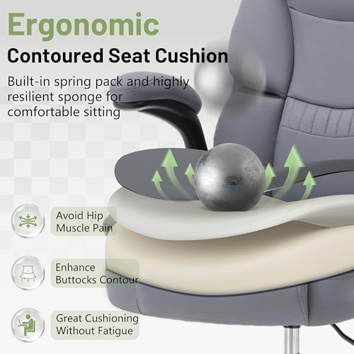 500LBS Drafting Chair, High Back Safer Standing Desk Chair, Executive Tall Office Chair with Flip-up Armrests, Upholstered PU Leather Task Chair, Ergonomic Seat with Adjustable Height&Foot Ring, Grey - color: Grey