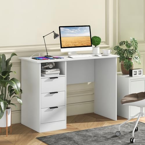Tangkula White Desk with 3 Drawers & Charge Station, Home Office Desk with Open Shelf, Study Writing Desk, PC Desk Computer Workstation, Modern Computer Desk for Bedroom, Study - size: 42.5" x 19"