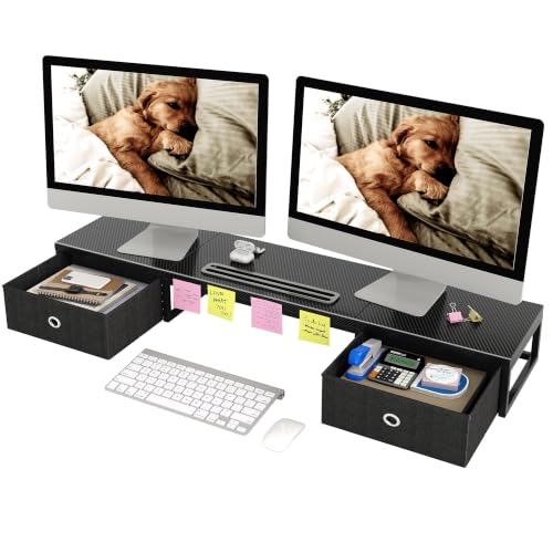 Mexin 39" Dual Monitor Stand Riser with 2 Storage Drawers, Carbon Fiber Computer Desk Organizer for 2 Monitors, Heavy Duty 100 Lbs Desktop Stand with Phone Tablet Holder for Home Office, Black - color: Carbon Fiber Black
