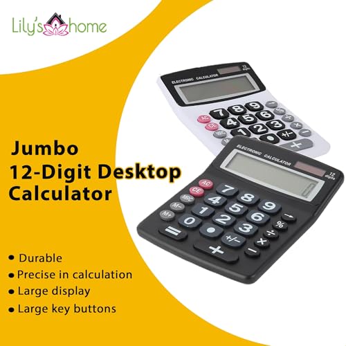 Lily's Home Jumbo 12-Digit Desktop Calculator Set of 2 (White), Solar/Battery Dual Power, Large Tilted LCD Display, Big Button Design, Quiet Operation, for Office, School, Business & Home Use - color: White-2PK