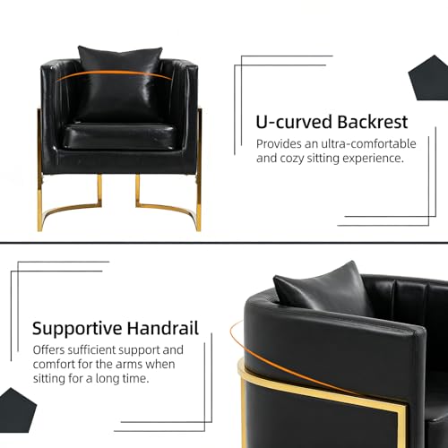 PU Leather Accent Chair, Modern Barrel Arm Chair for Living Room/Bedroom/Guest Reception, Upholstered Club Armchair with Pillow & Gold Base, Black - color: Black-leather, size: 1 PC