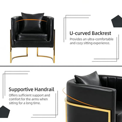 PU Leather Accent Chair, Modern Barrel Arm Chair for Living Room/Bedroom/Guest Reception, Upholstered Club Armchair with Pillow & Gold Base, Black - color: Black-leather, size: 1 PC