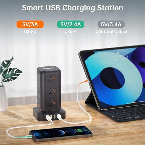2 Pcs Extension Cord with Multiple Outlets, SMALLRT Power Strip Tower, Outlet Extender with 12 AC Outlets 4 USB, 6.5FT Extension Cord for Home Office Dorm Room, Overload Protection - color: Black, size: 6.5 Ft without wireless charging 2Pack