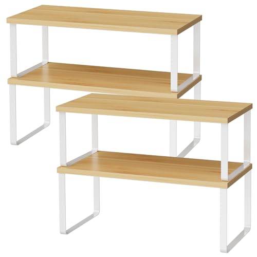 OGEMXU Cabinet Shelf Organizers, 15.7 inches Large Kitchen Counter Shelf, Set of 4 Wood Kitchen Pantry Organizer, Storage Shelves for Countertop, Spice Rack, Stackable, Expandable, Metal White, Nature - color: White and Natural Beige, size: 4pcs 7.8" D x