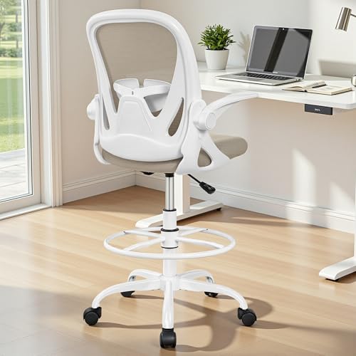Drafting Chair Tall Office Chair with Flip-up Armrests Executive Ergonomic Computer Standing Desk Chair with Lumbar Support and Adjustable Footrest Ring（Khaki） - color: Khaki, size: 934-Z