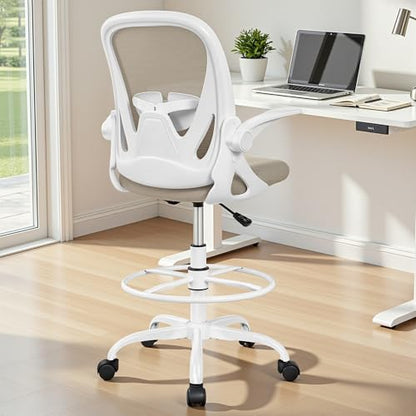 Drafting Chair Tall Office Chair with Flip-up Armrests Executive Ergonomic Computer Standing Desk Chair with Lumbar Support and Adjustable Footrest Ring（Khaki） - color: Khaki, size: 934-Z