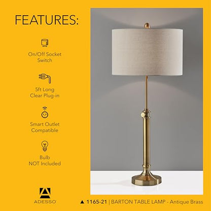 Adesso Table Lamp, Antique Brass & Oatmeal, Adjustable Height, 34.5” - color: Antique Brass, size: Table Lamp