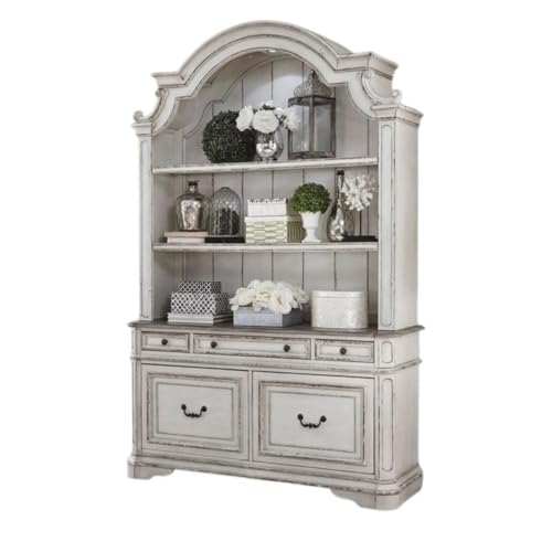 Ashford & Sons Credenza Desk and Hutch, Solid Wood, White Finish, Glass Shelves, Touch Lighting, Adjustable Shelf, Built-in Wire Management, Vintage-Style Office Organizing Furniture - size: Filing Credenza & Hutch