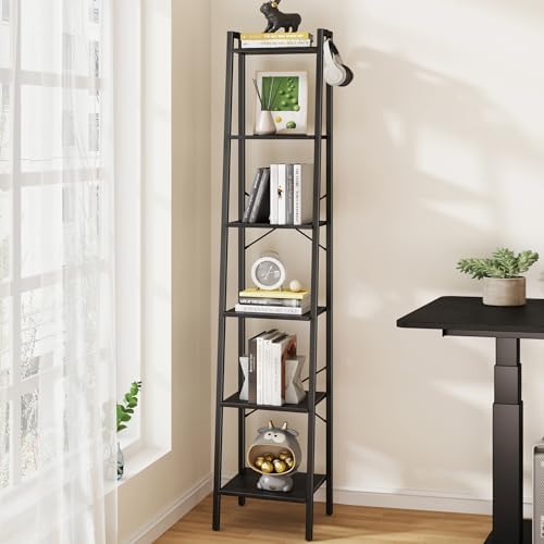 Hzuaneri Ladder Shelf, Bookshelf, Freestanding Corner Storage Shelf | Bookcase with 2 Hooks for Office, Living Room, Kitchen, Bedroom, Industrial, 11.8"D x 13.4"W x 72.8"H, Black BC13304B - color: Black, size: 11.8"D x 13.4"W x 72.8"H